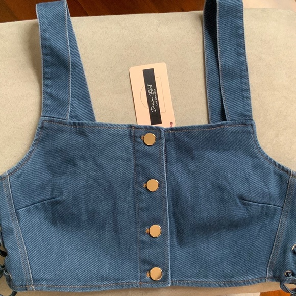 NWT Denim Crop top with adjustable drawstring in size L - Picture 5 of 16